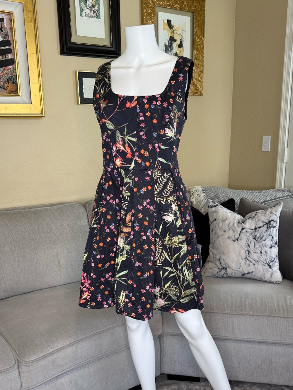French Connection Black Floral Fit-and-Flare W/Pockets Dress Size 12/XL NWT